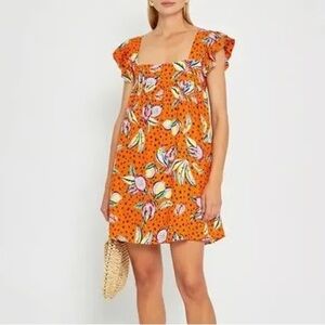 Kourt Anthropologie Aria Orange Seasonal Fruit Printed Mini Dress